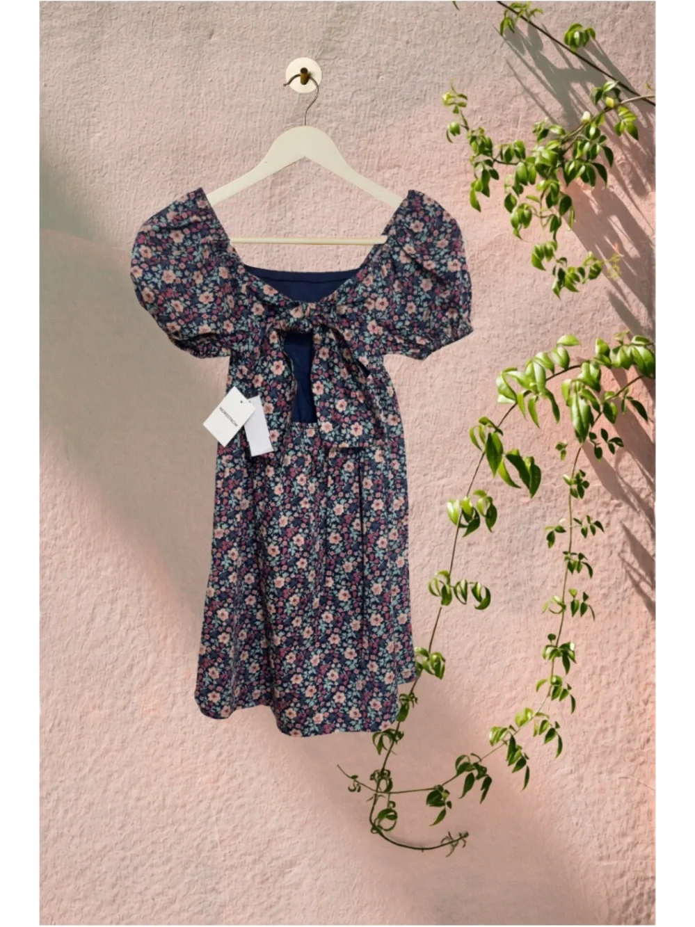 Nordstrom Navy Floral Puff-Sleeve Dress with Pink Accents